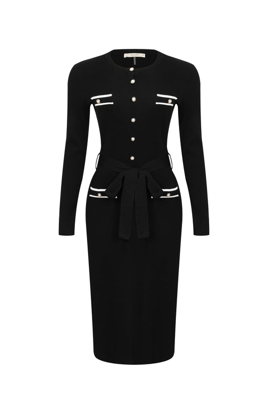 LONG SLEEVE MIDI DRESS W/ CONTRAST HIGH NECK COLLAR
