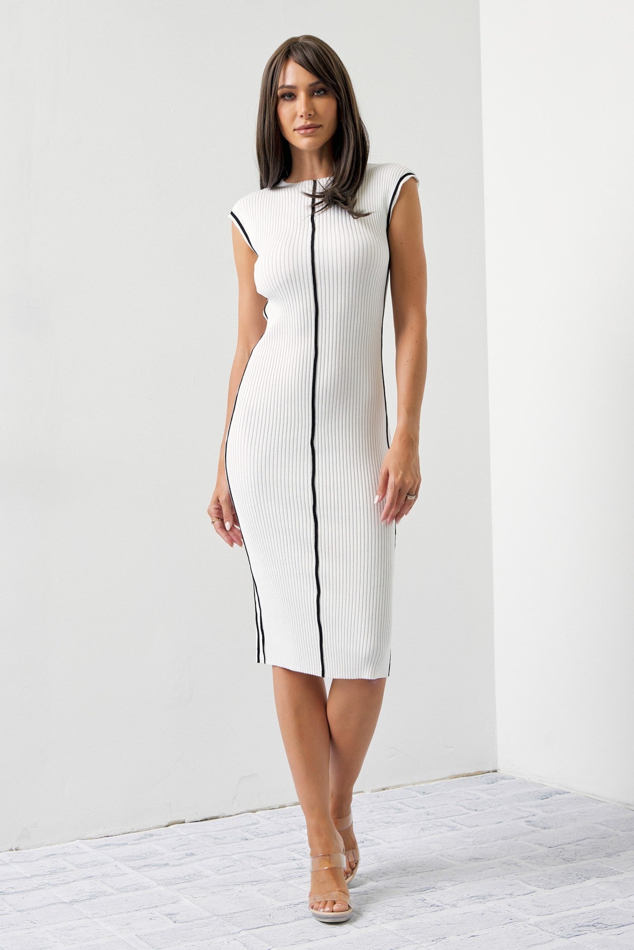 KNIT SLEEVELESS MIDI STRIPE DRESS