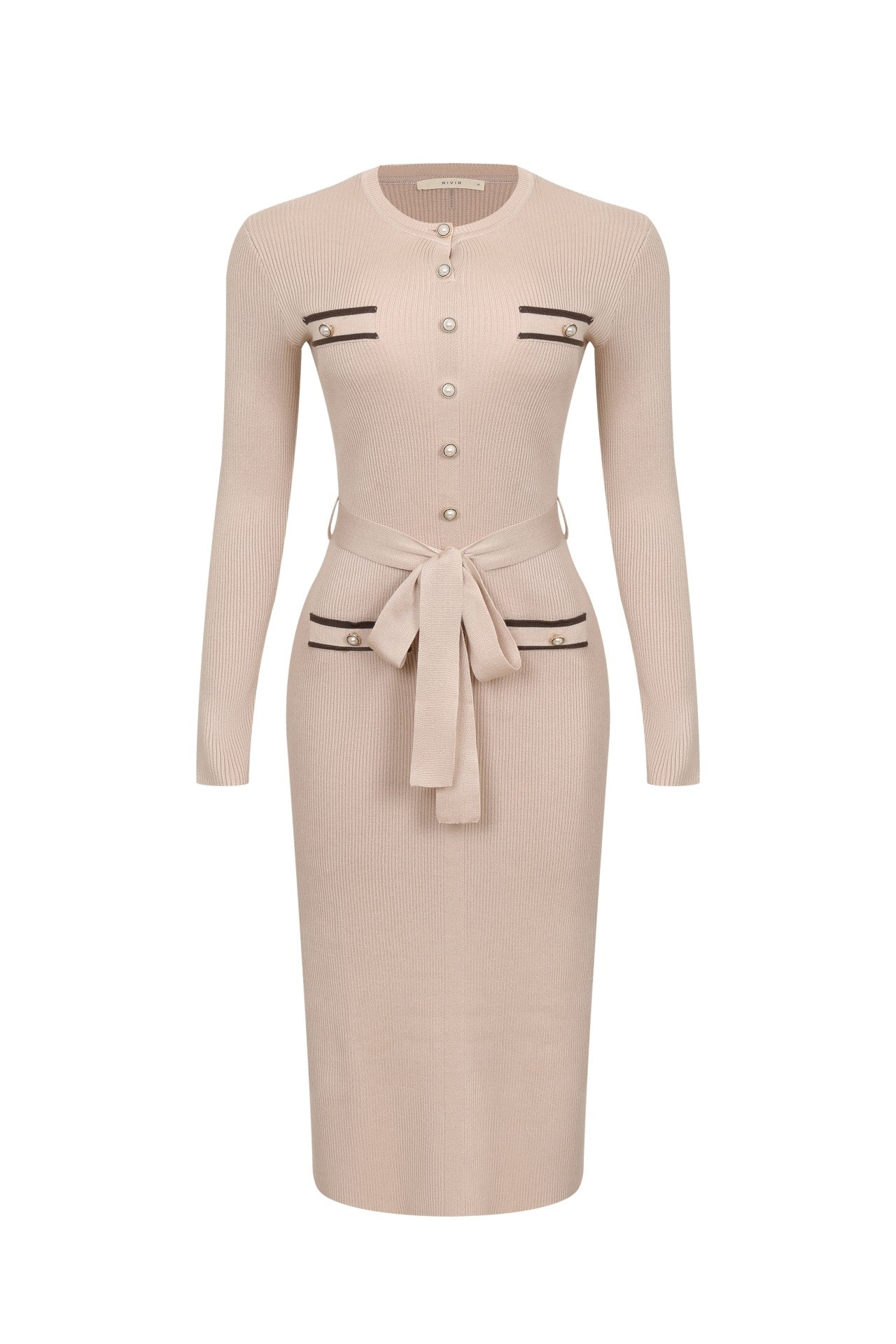 LONG SLEEVE MIDI DRESS W CONTRAST HIGH NECK COLLAR - BEIGE