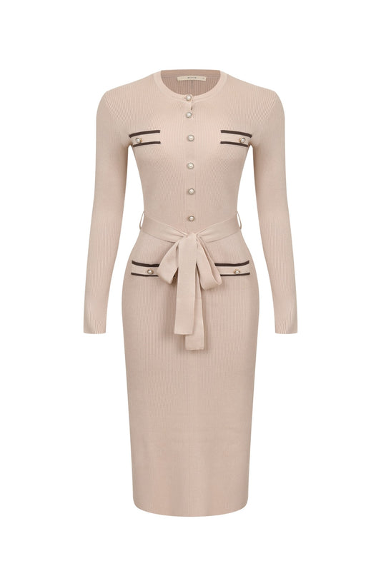 LONG SLEEVE MIDI DRESS W CONTRAST HIGH NECK COLLAR - BEIGE