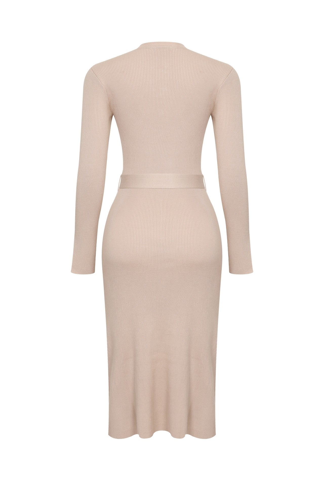 LONG SLEEVE MIDI DRESS W CONTRAST HIGH NECK COLLAR - BEIGE