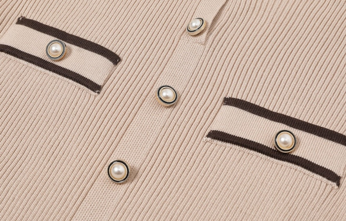 LONG SLEEVE MIDI DRESS W CONTRAST HIGH NECK COLLAR - BEIGE