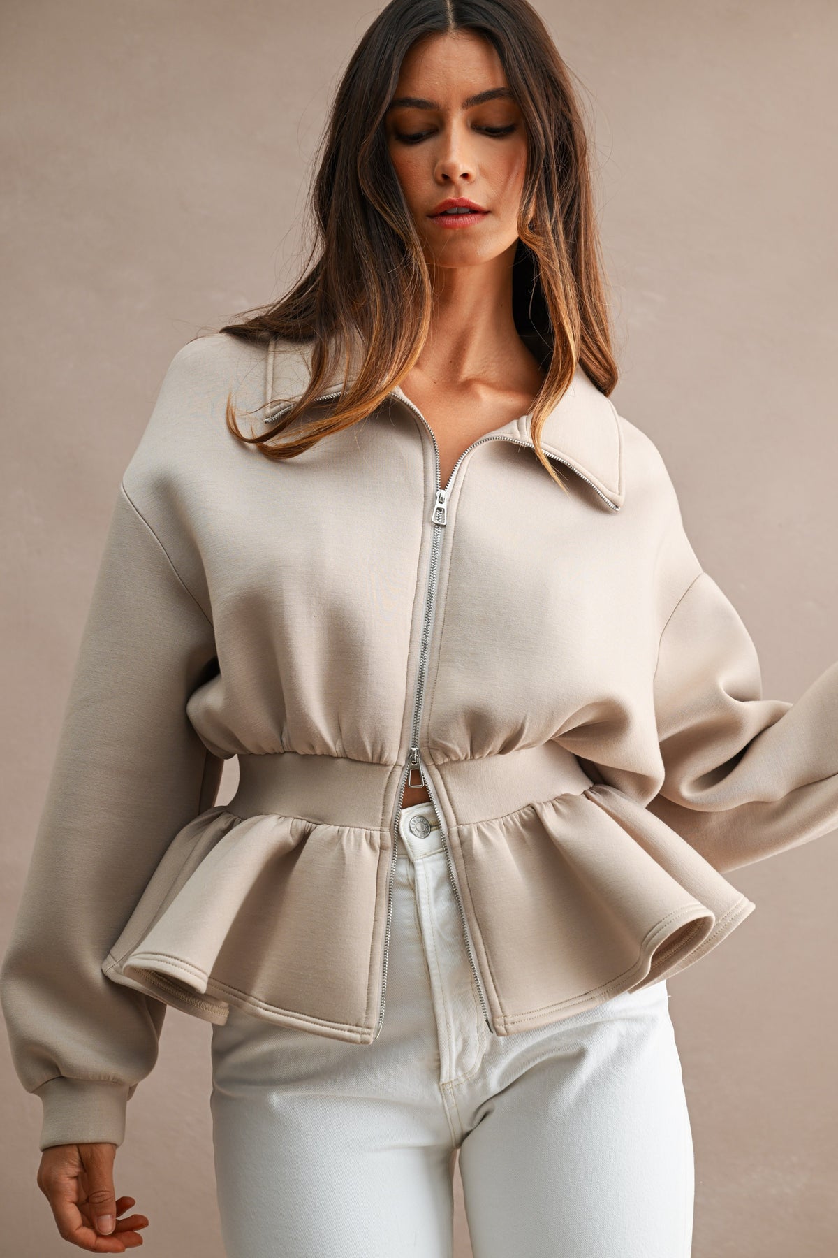 Scuba Structured Long Sleeve Collar Zip Up Peplum Hem Jacket