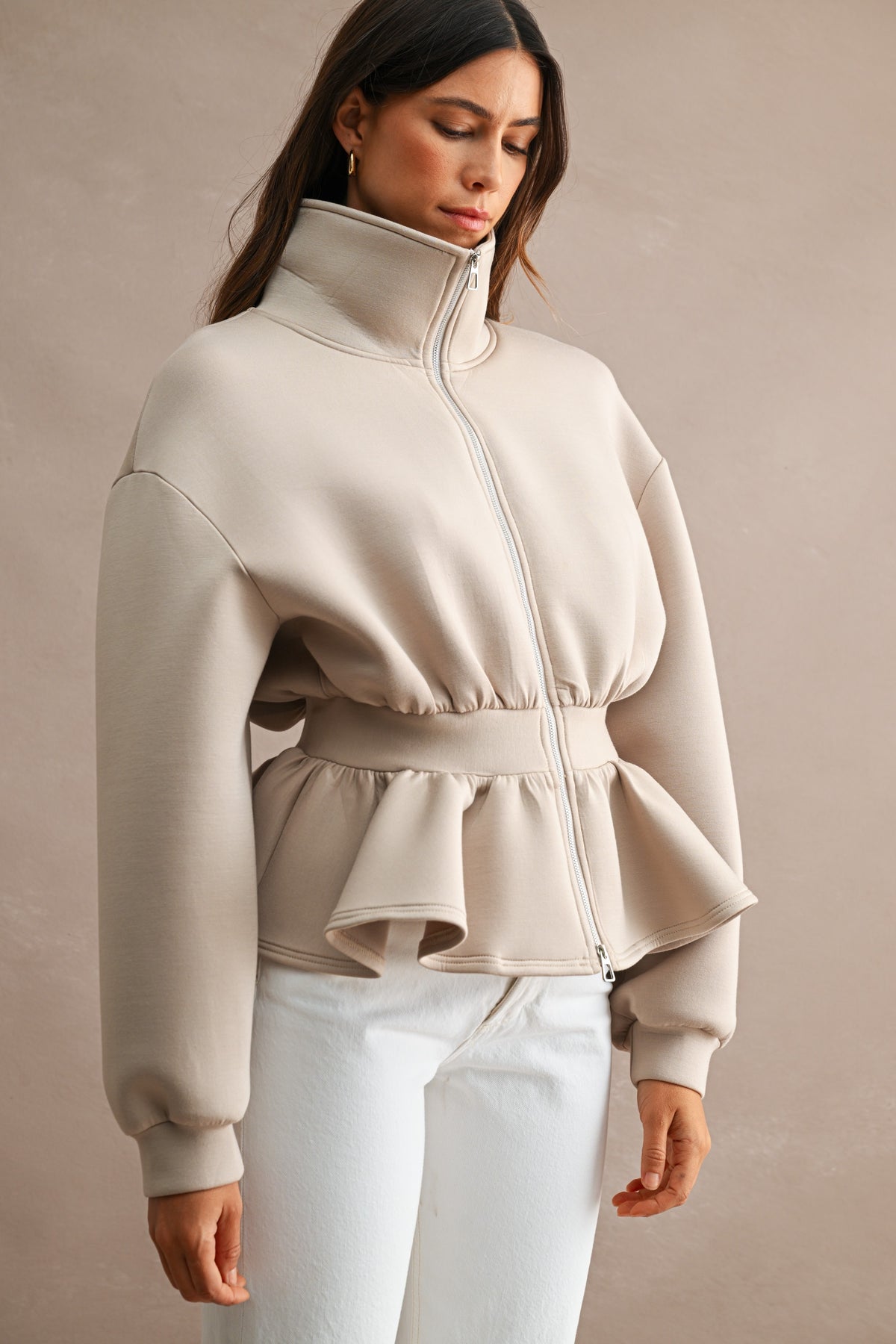 Scuba Structured Long Sleeve Collar Zip Up Peplum Hem Jacket