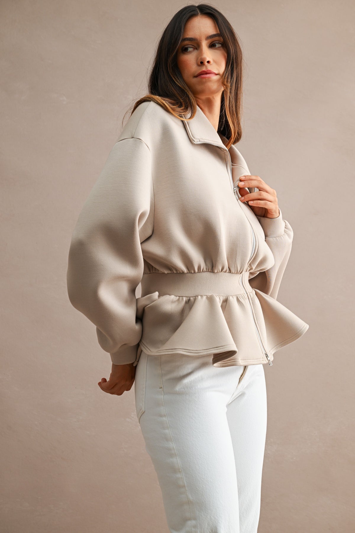 Scuba Structured Long Sleeve Collar Zip Up Peplum Hem Jacket