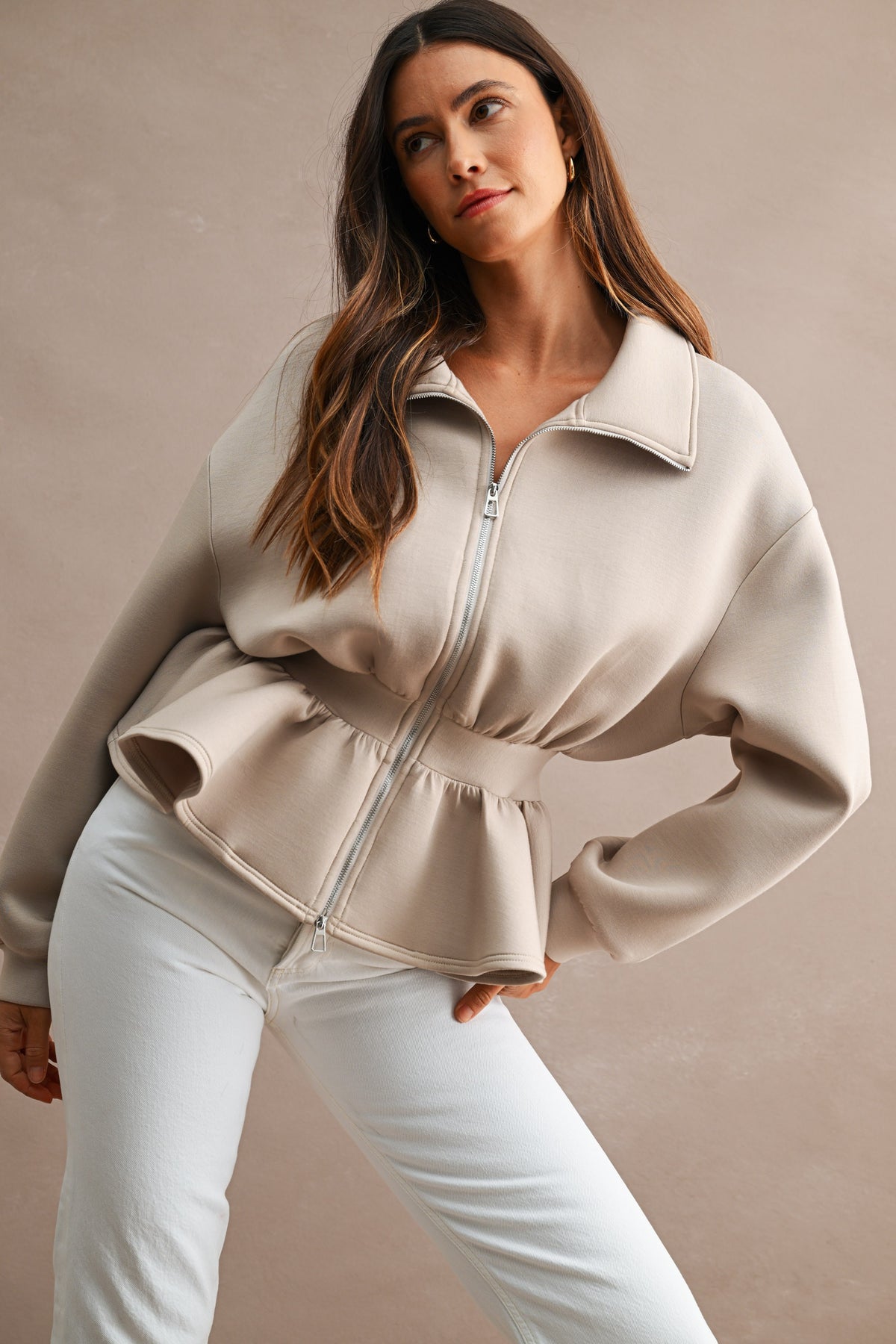 Scuba Structured Long Sleeve Collar Zip Up Peplum Hem Jacket