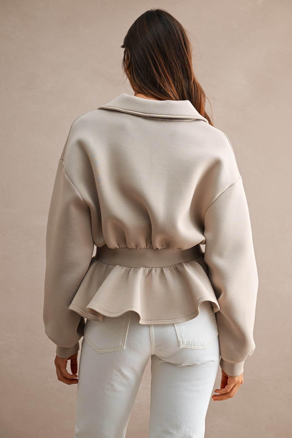 Scuba Structured Long Sleeve Collar Zip Up Peplum Hem Jacket