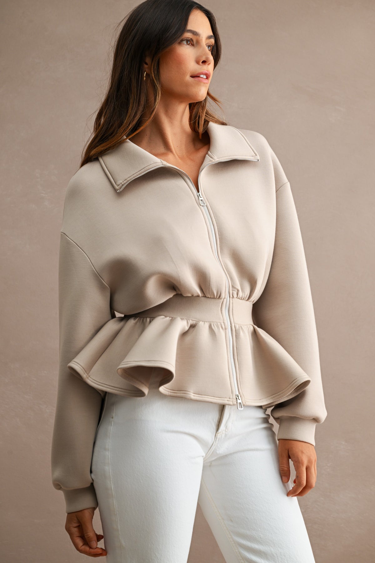 Scuba Structured Long Sleeve Collar Zip Up Peplum Hem Jacket