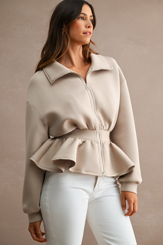 Scuba Structured Long Sleeve Collar Zip Up Peplum Hem Jacket