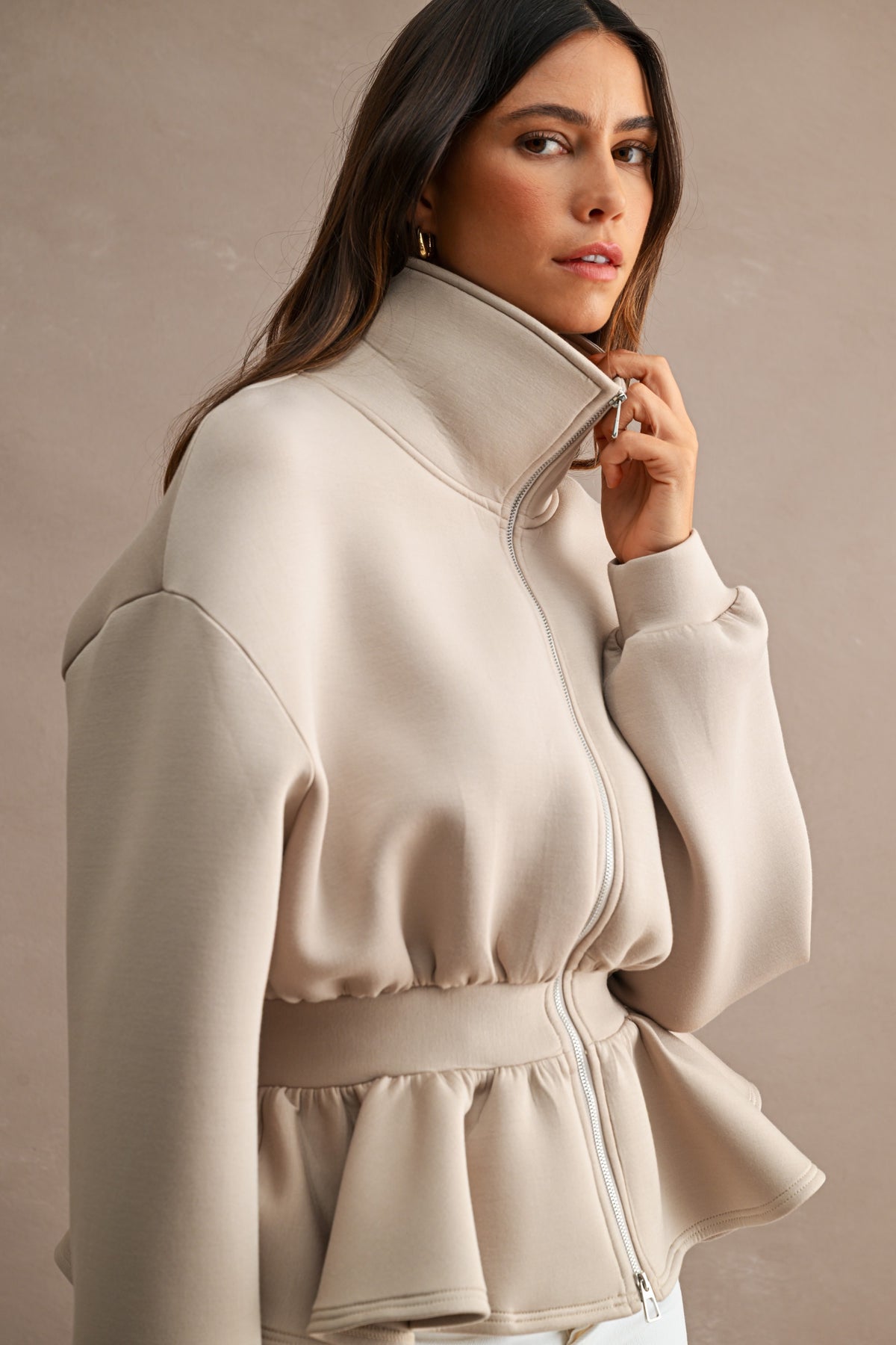 Scuba Structured Long Sleeve Collar Zip Up Peplum Hem Jacket