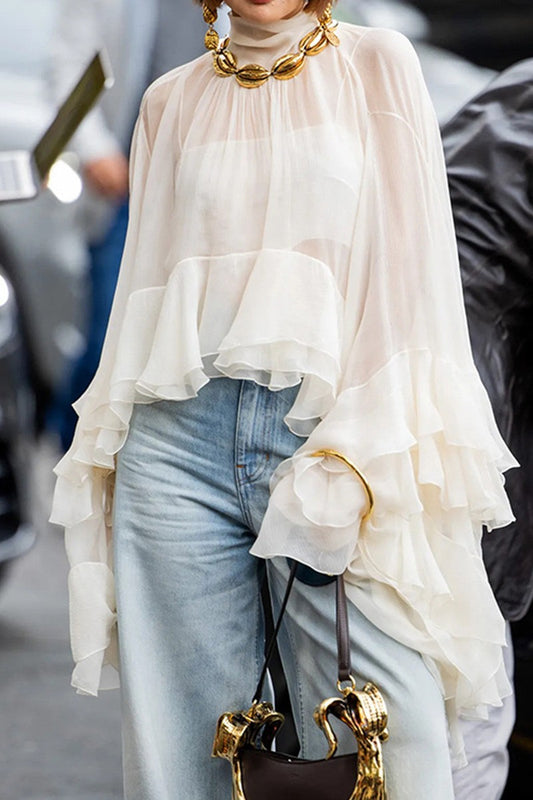 MESH SHEER RUFFLED FLARE SLLEVES BLOUSE