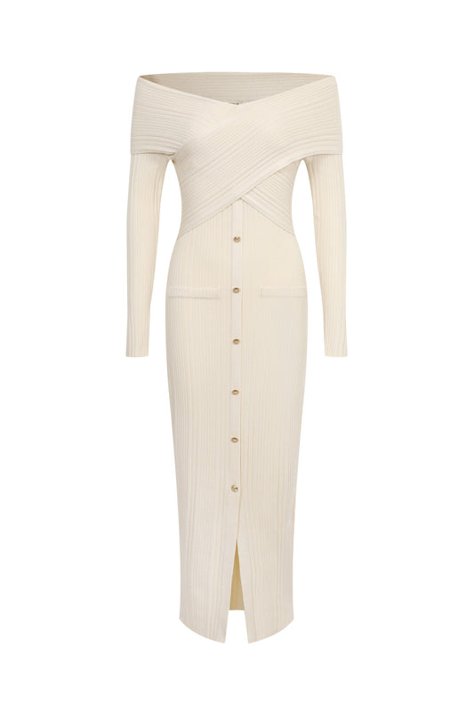 OFF CROSS SHOULDER KNIT MIDI DRESS