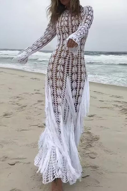 OPEN-KNIT LONG SLEEVE BODYCON MAXI DRESS