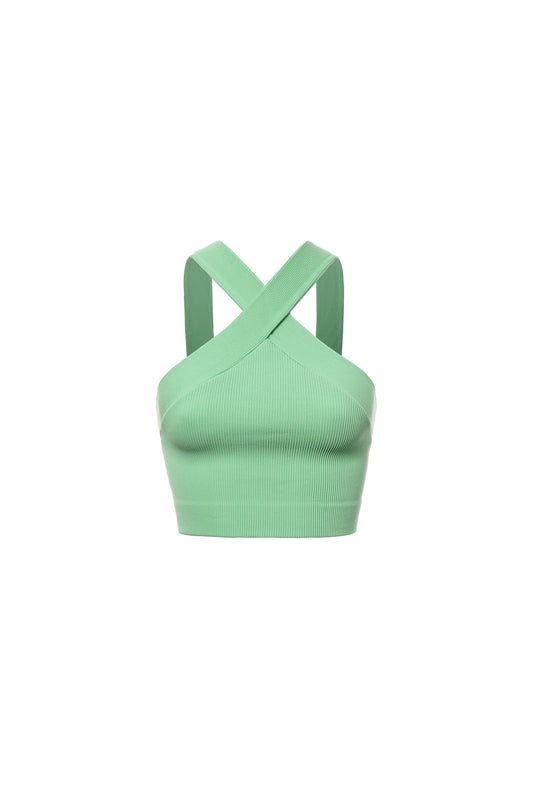 RIBBED CROSS SHOULDER DETAIL CROP TANK JADE