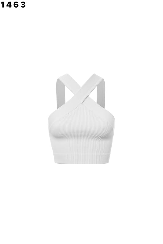RIBBED CROSS SHOULDER DETAIL CROP TANK WHITE