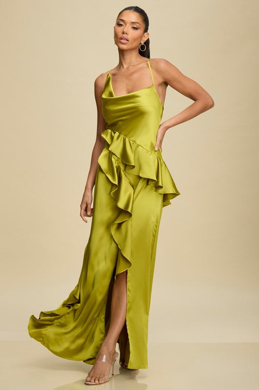 RUFFLE CASCADE SATIN GOWN