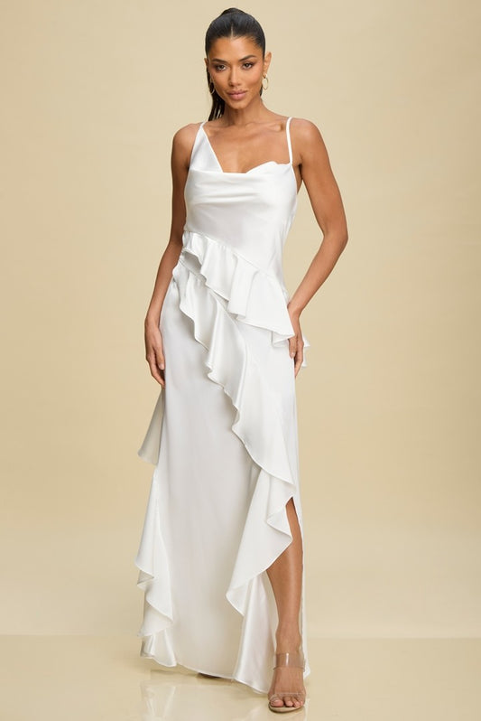 RUFFLE CASCADE SATIN GOWN WHITE