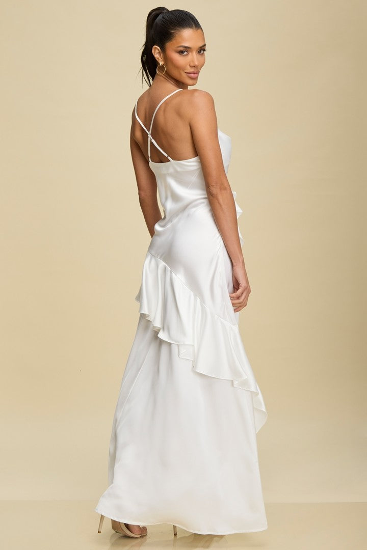 RUFFLE CASCADE SATIN GOWN WHITE