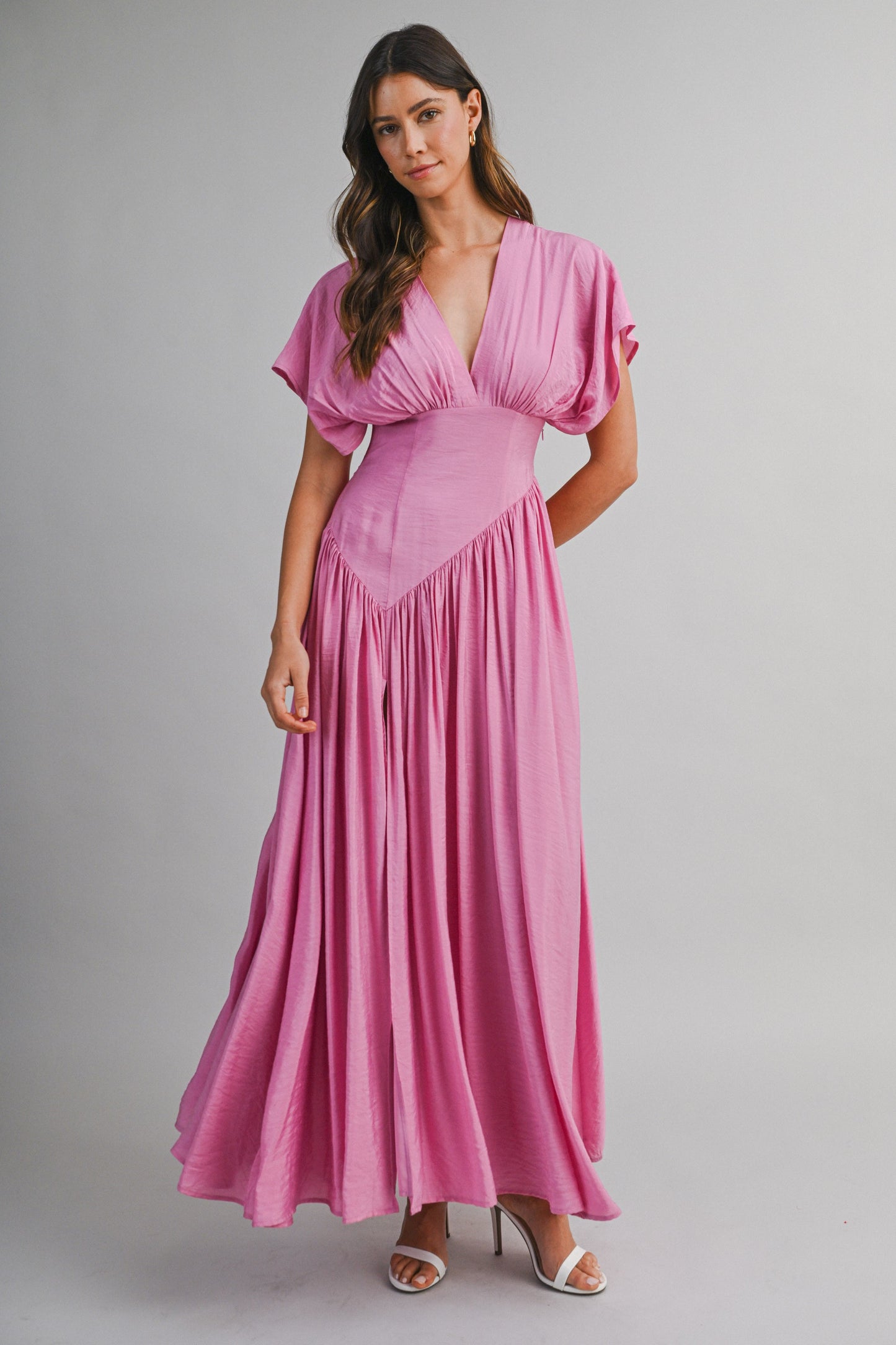 SOLID DEEP V NECK GATHERED BUST FLUTTER SLEEVE MAXI DRESS