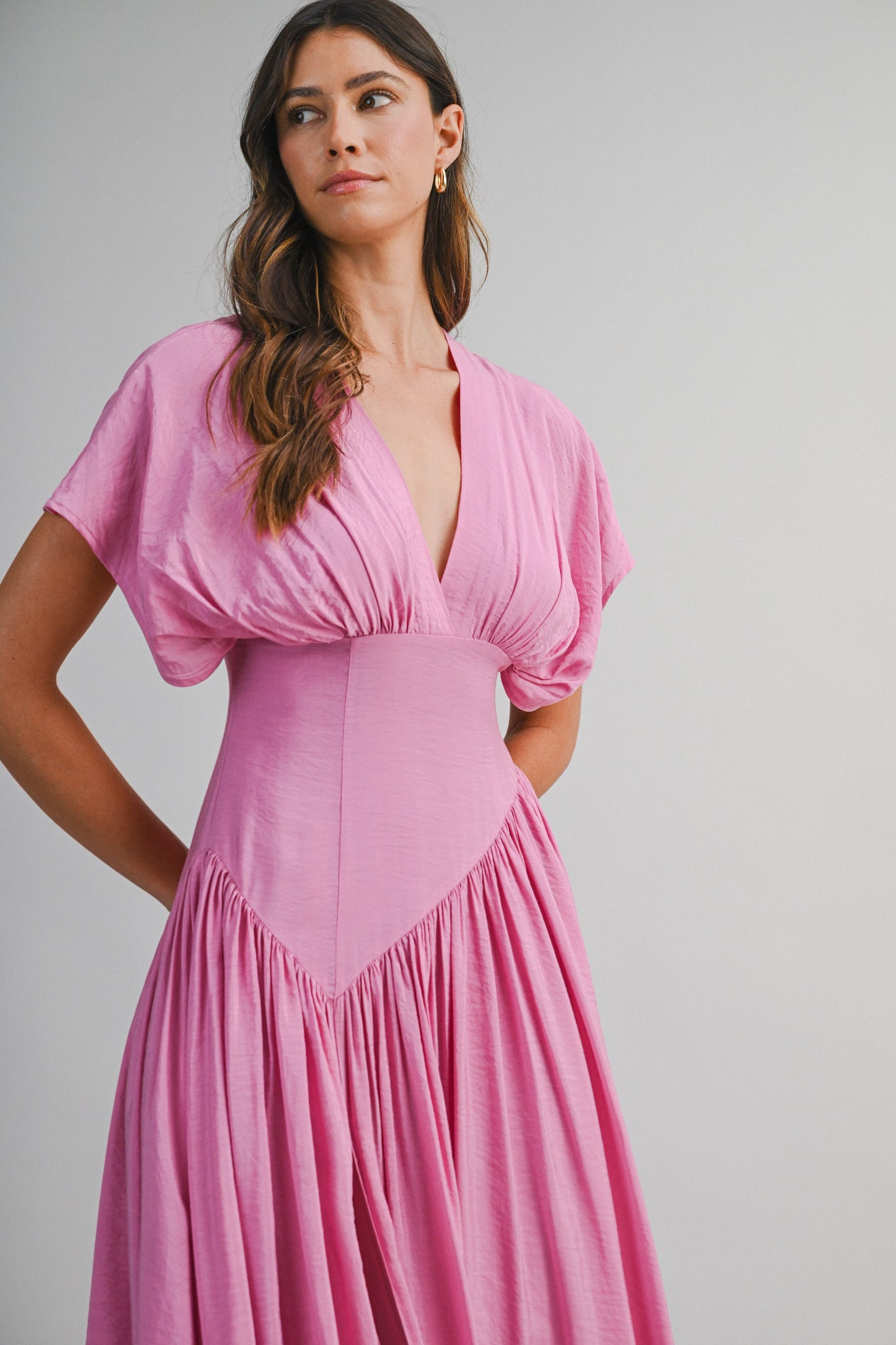 SOLID DEEP V NECK GATHERED BUST FLUTTER SLEEVE MAXI DRESS