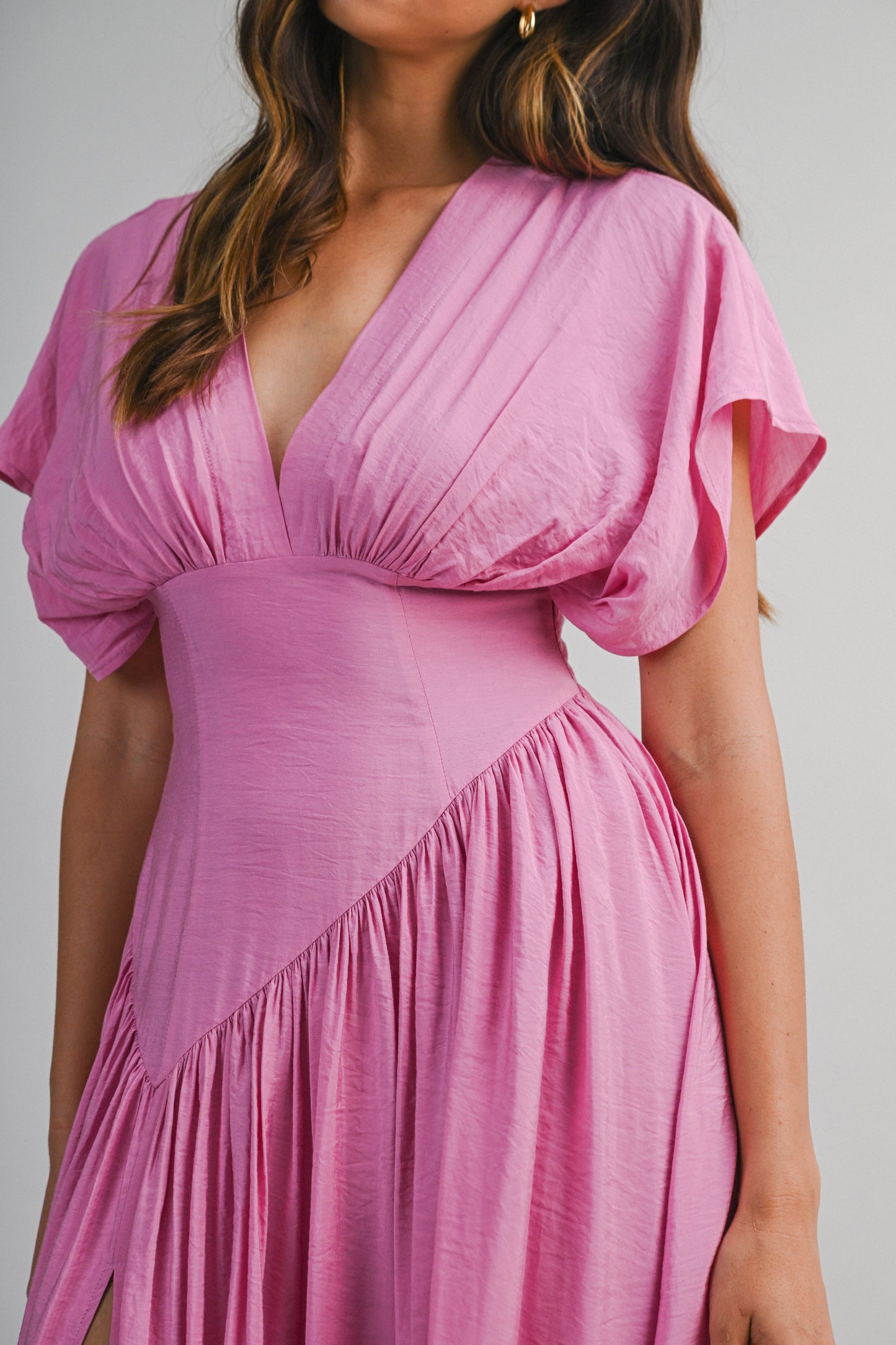 SOLID DEEP V NECK GATHERED BUST FLUTTER SLEEVE MAXI DRESS