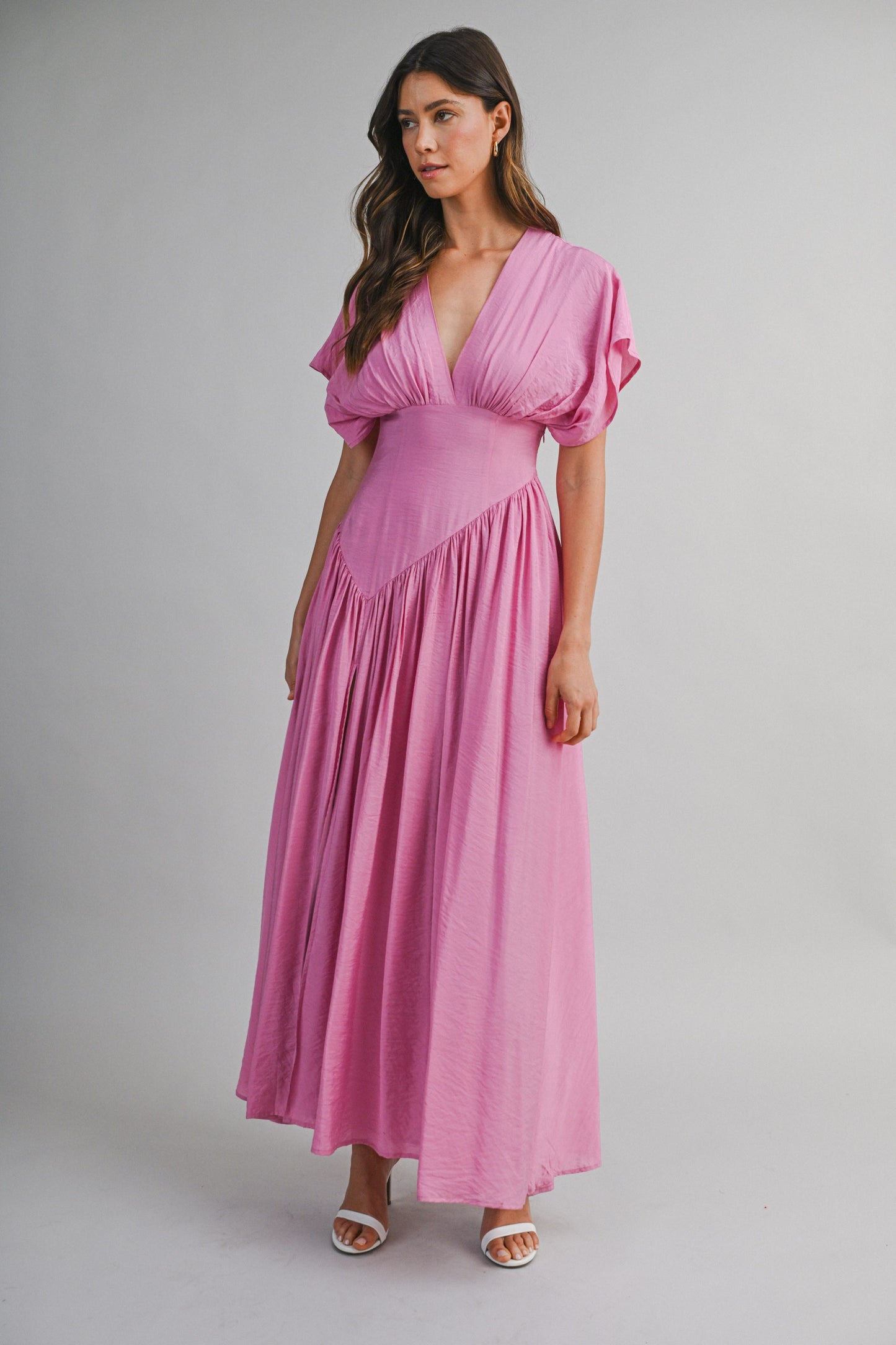 SOLID DEEP V NECK GATHERED BUST FLUTTER SLEEVE MAXI DRESS
