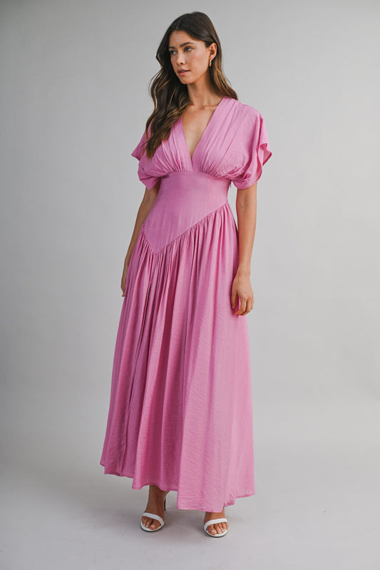 SOLID DEEP V NECK GATHERED BUST FLUTTER SLEEVE MAXI DRESS