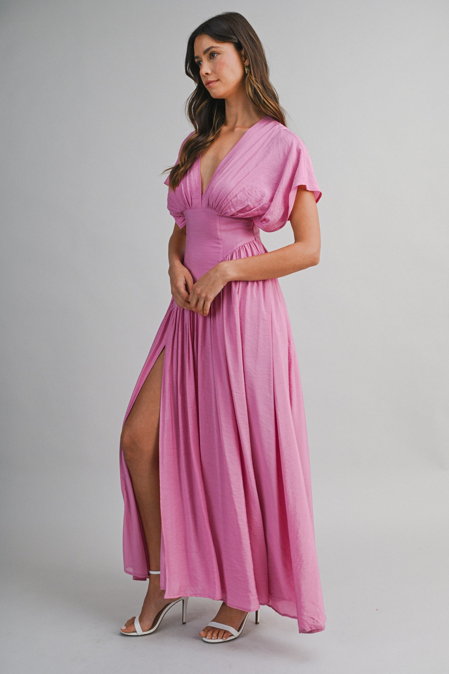 SOLID DEEP V NECK GATHERED BUST FLUTTER SLEEVE MAXI DRESS