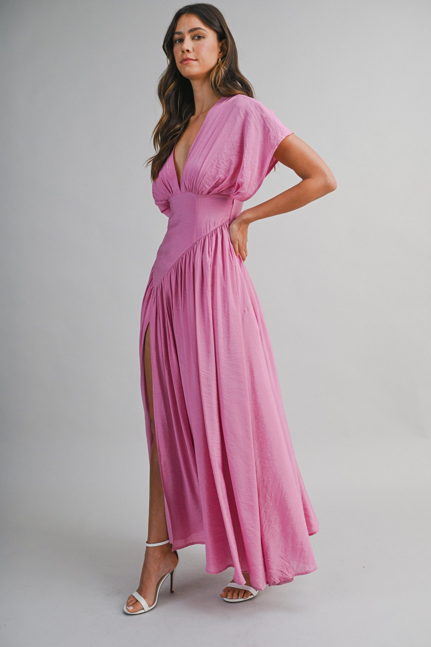 SOLID DEEP V NECK GATHERED BUST FLUTTER SLEEVE MAXI DRESS