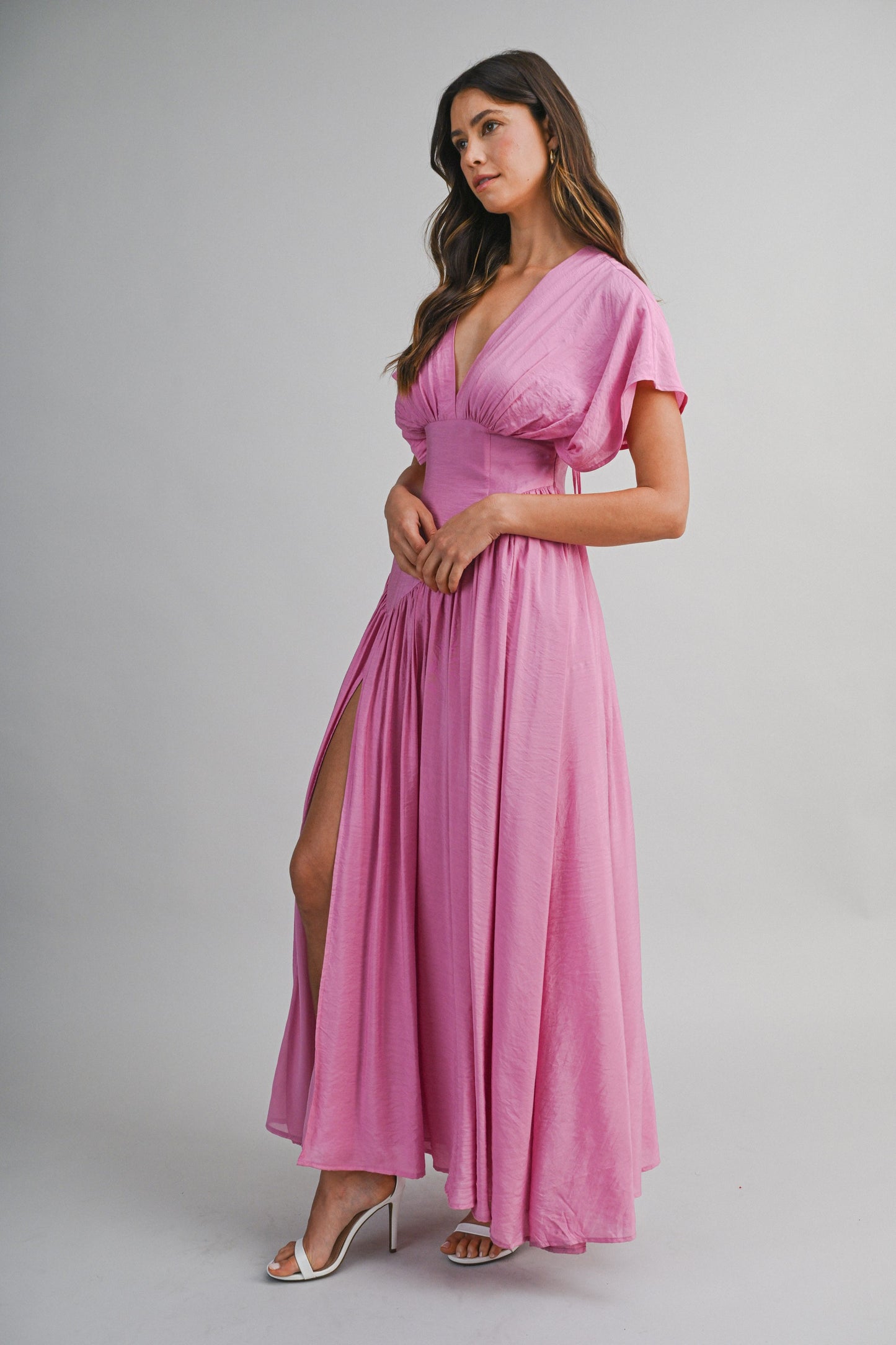 SOLID DEEP V NECK GATHERED BUST FLUTTER SLEEVE MAXI DRESS