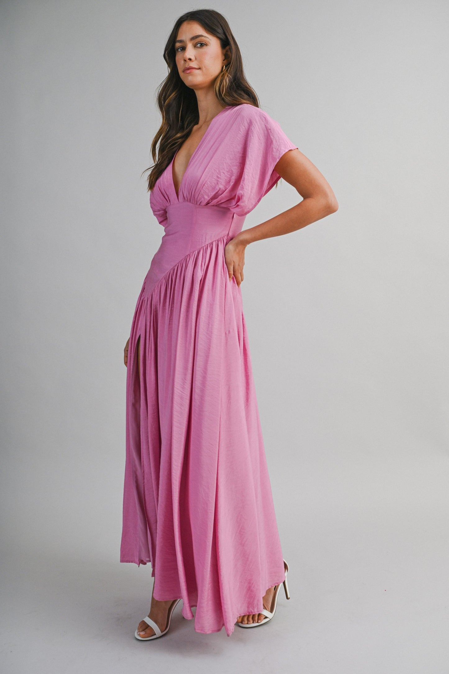 SOLID DEEP V NECK GATHERED BUST FLUTTER SLEEVE MAXI DRESS