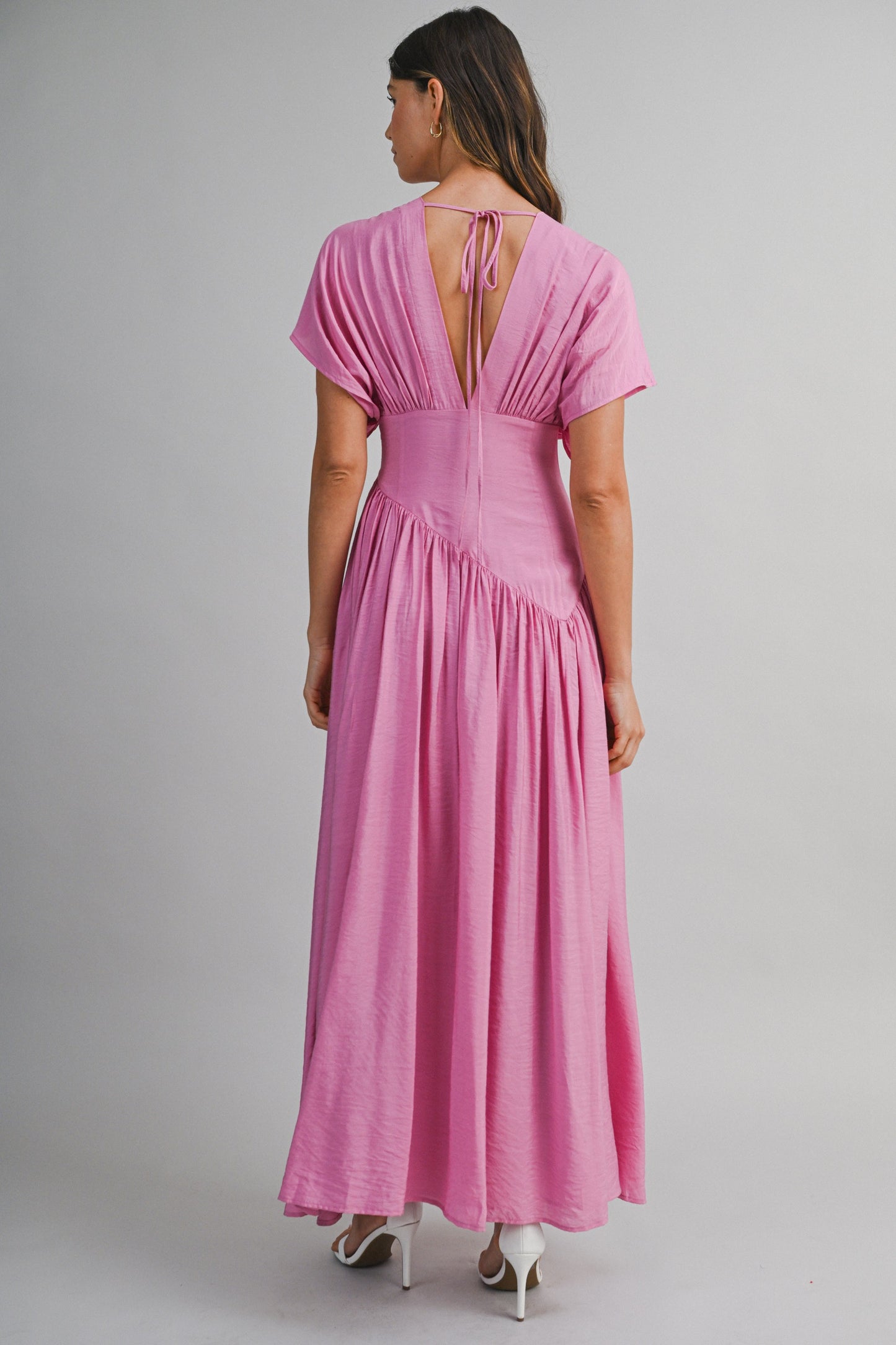 SOLID DEEP V NECK GATHERED BUST FLUTTER SLEEVE MAXI DRESS