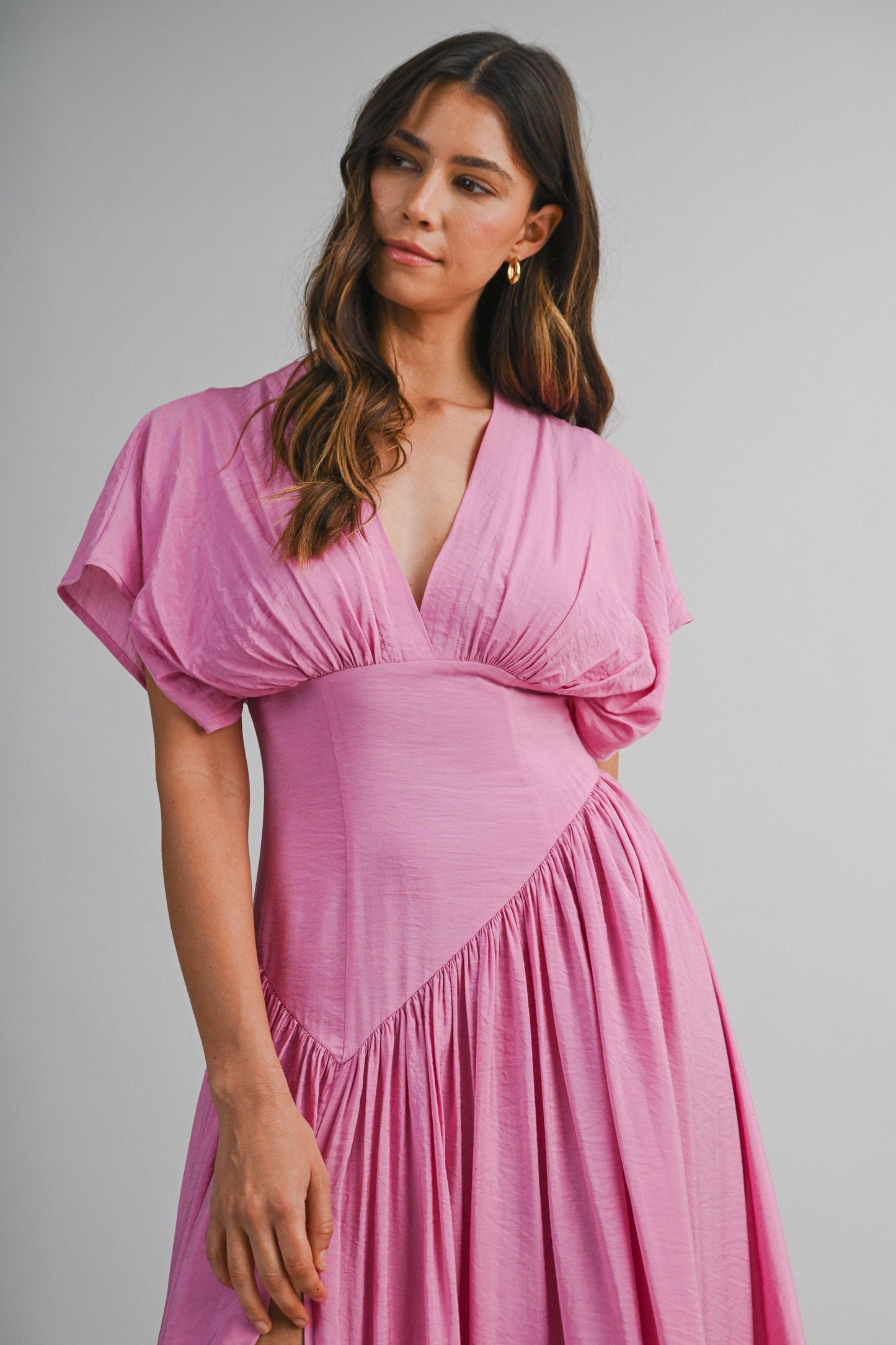 SOLID DEEP V NECK GATHERED BUST FLUTTER SLEEVE MAXI DRESS