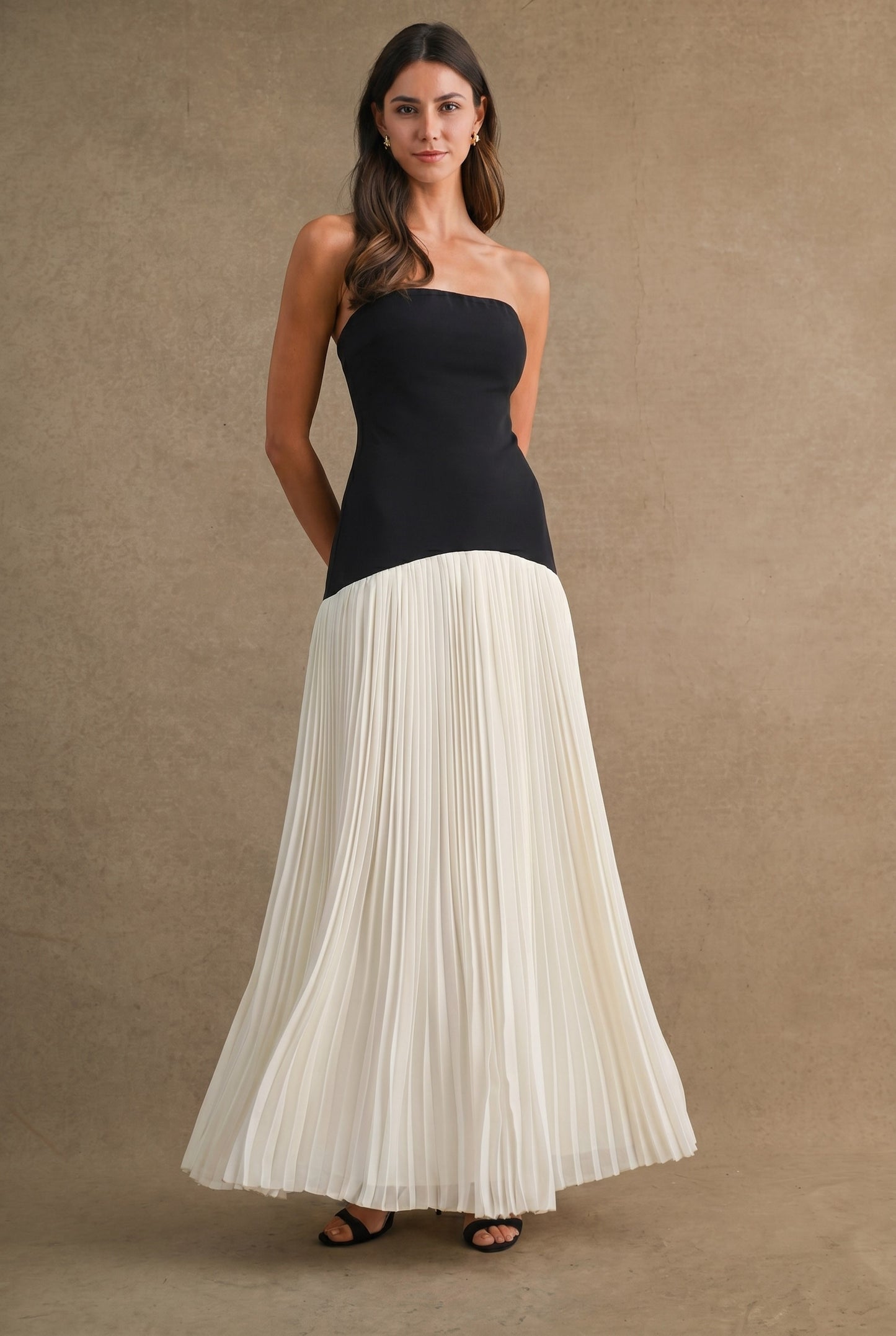 STRAPLESS FIT BODICE PLEATED SKIRT MIX MAXI DRESS
