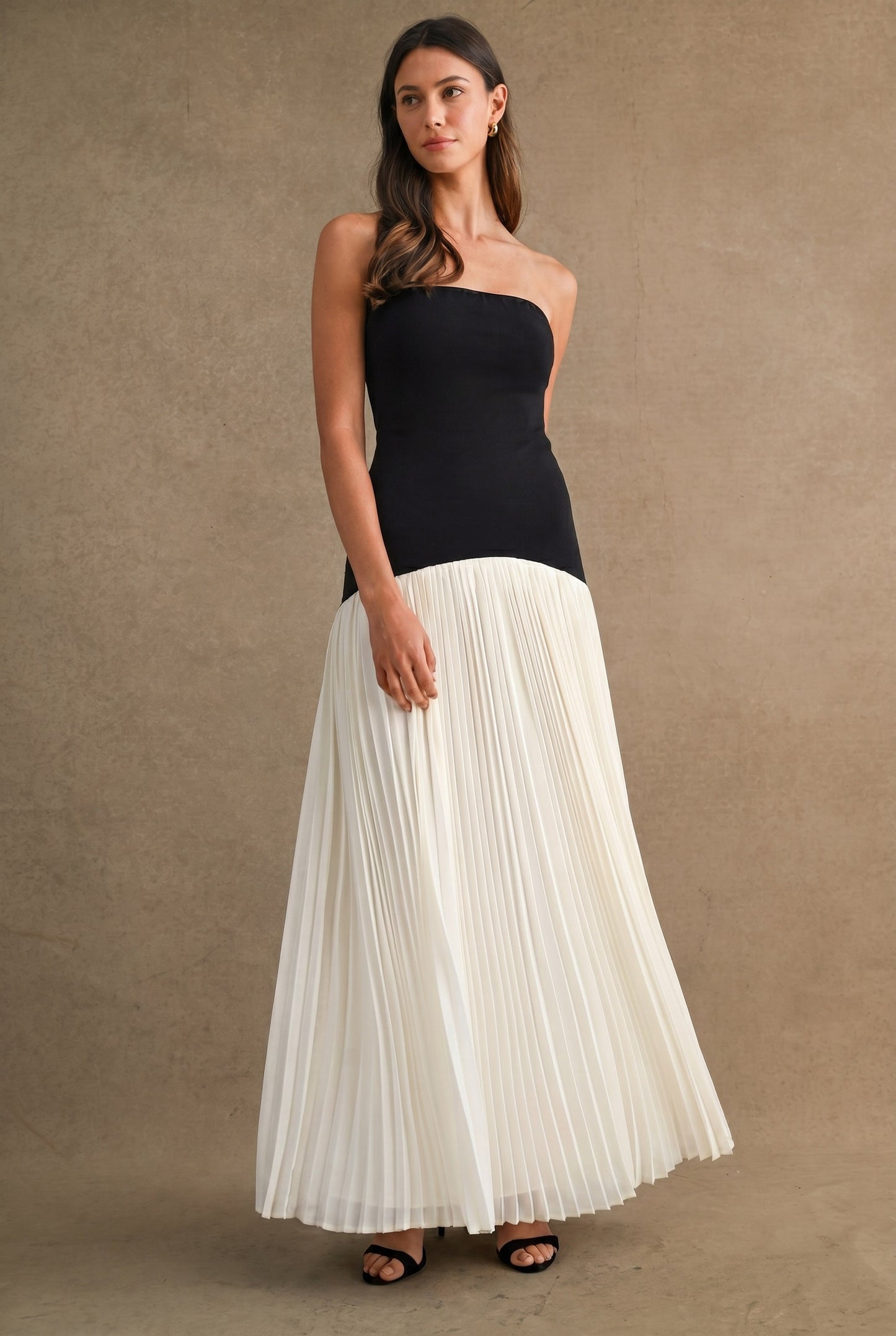 STRAPLESS FIT BODICE PLEATED SKIRT MIX MAXI DRESS