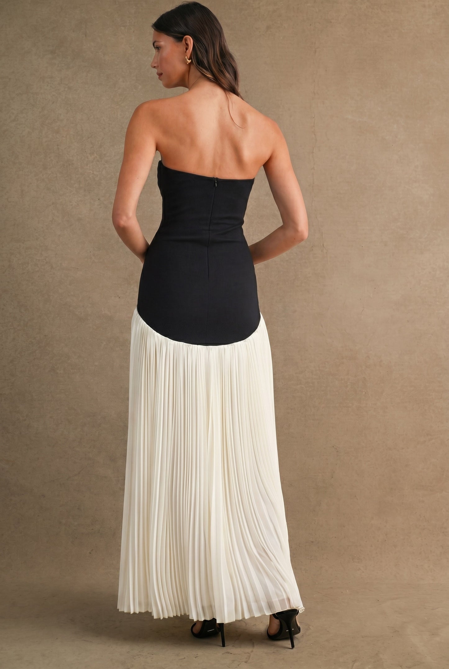 STRAPLESS FIT BODICE PLEATED SKIRT MIX MAXI DRESS