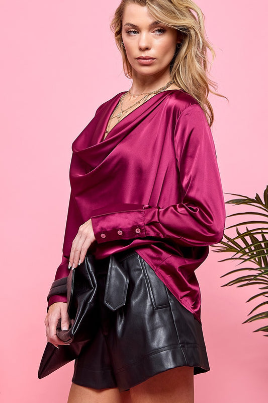 SATIN DRAPE NECK LONG SLEEVE BLOUSE BURGUNDY