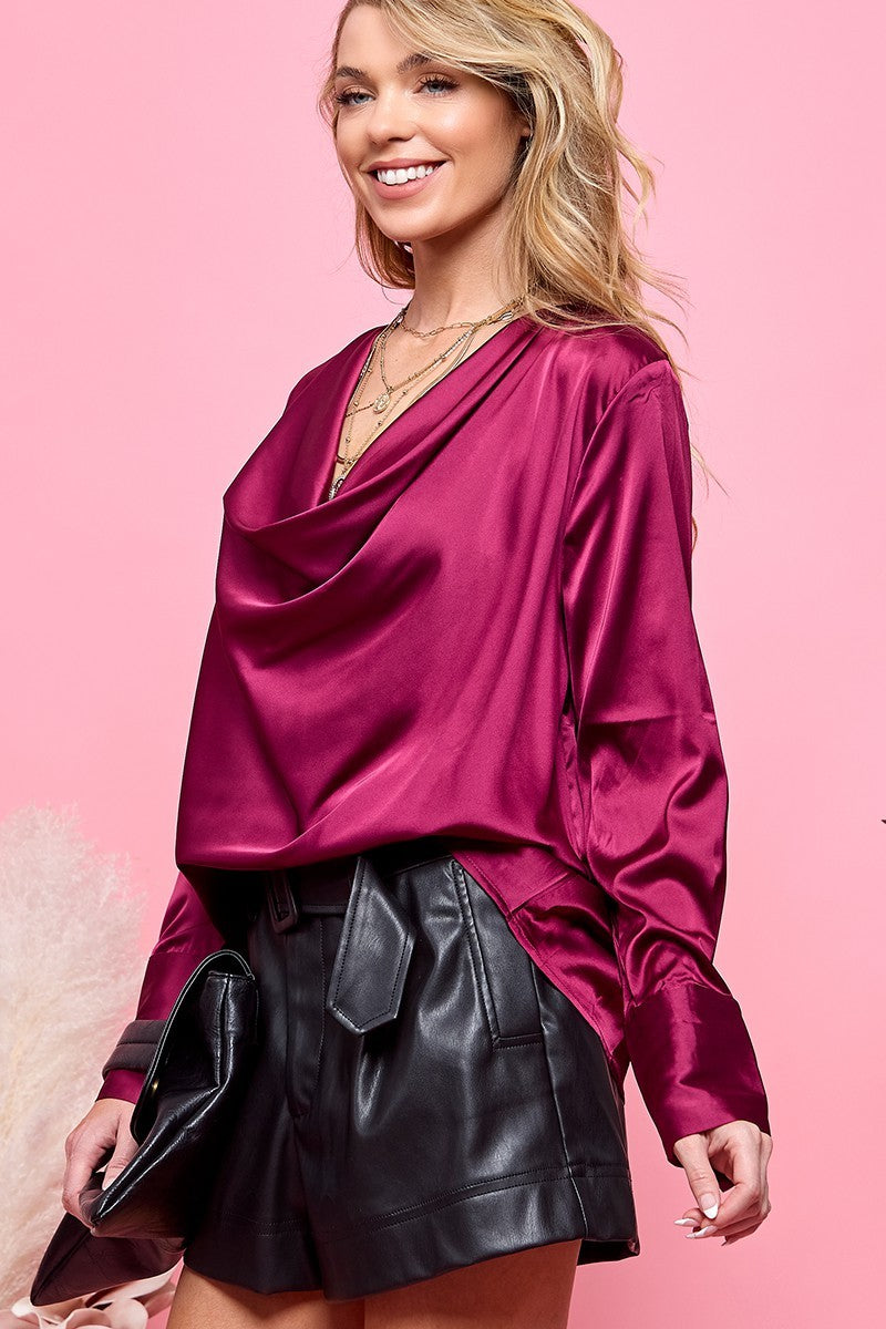 SATIN DRAPE NECK LONG SLEEVE BLOUSE BURGUNDY