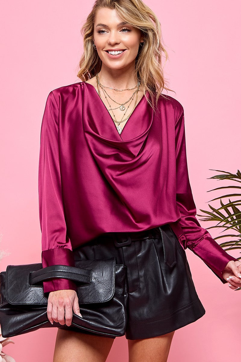 SATIN DRAPE NECK LONG SLEEVE BLOUSE BURGUNDY