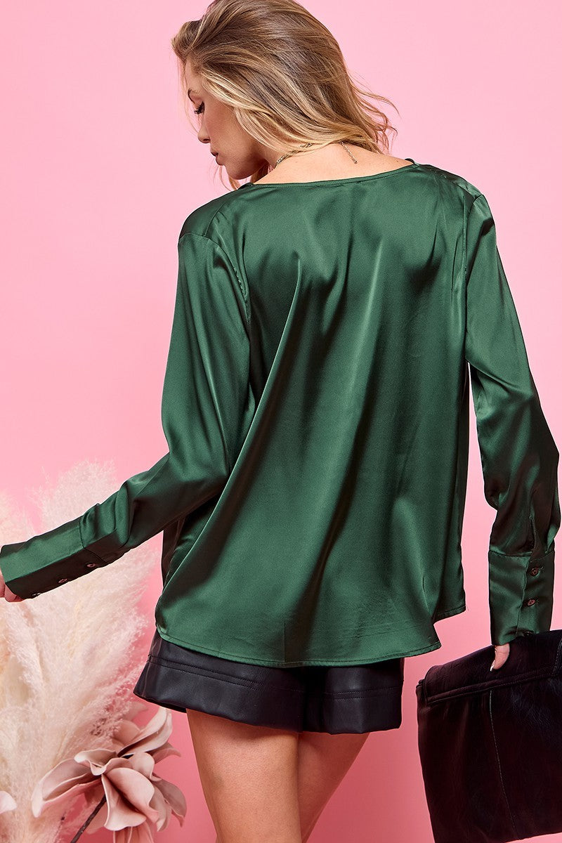 SATIN DRAPE NECK LONG SLEEVE BLOUSE DARK GREEN