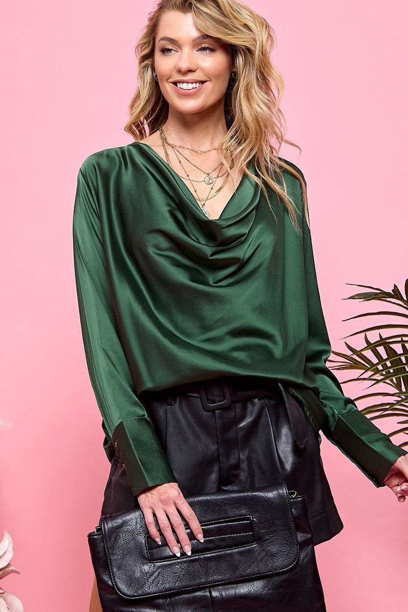 SATIN DRAPE NECK LONG SLEEVE BLOUSE DARK GREEN