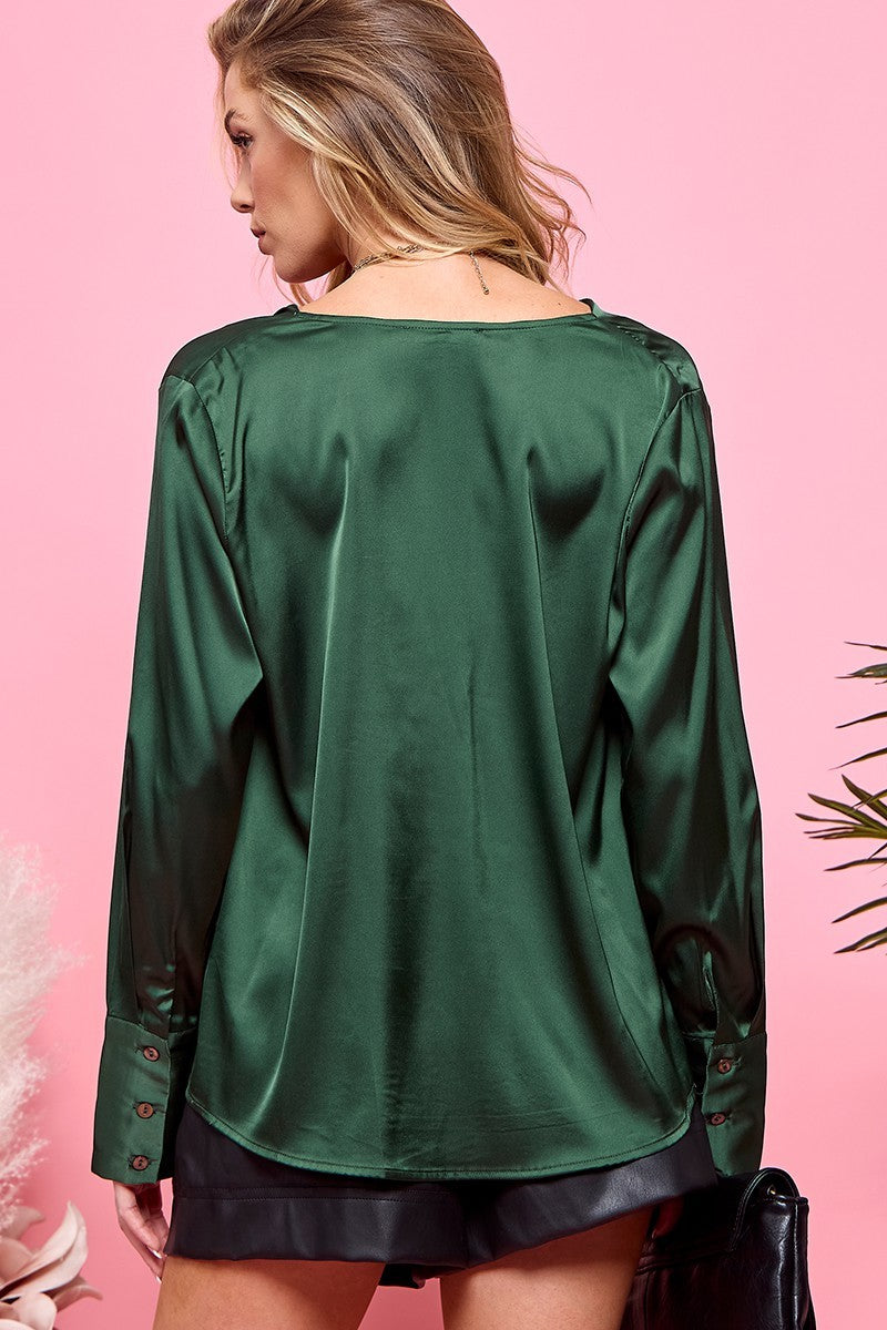 SATIN DRAPE NECK LONG SLEEVE BLOUSE DARK GREEN