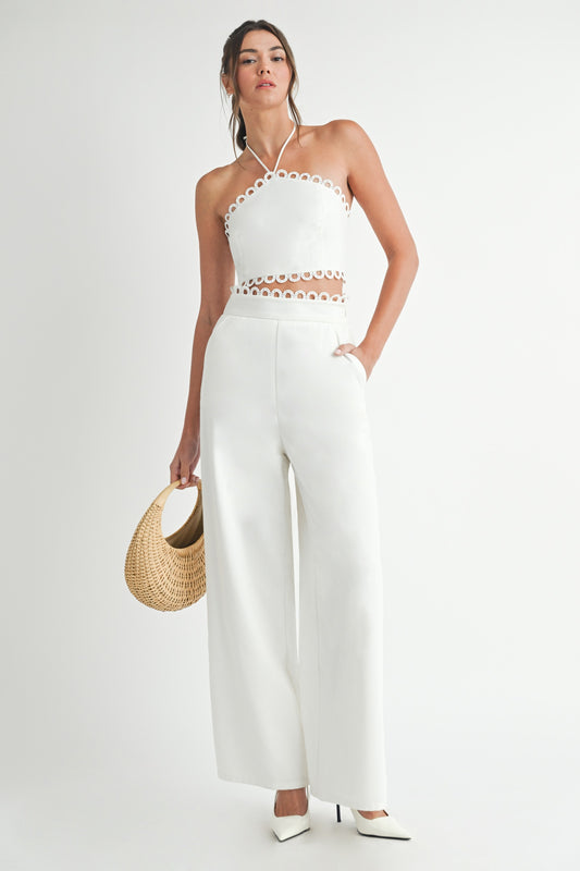 SCALLOP LACE TRIM TOP AND PANTS SETS OFF WHITE