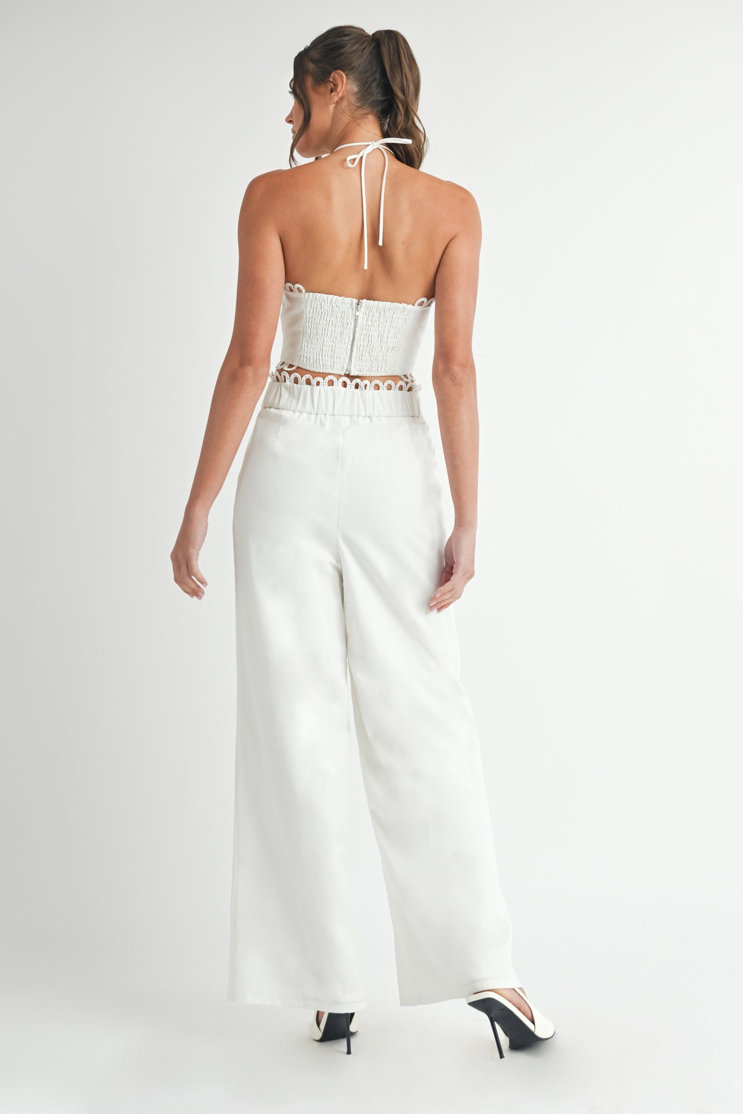 SCALLOP LACE TRIM TOP AND PANTS SETS OFF WHITE