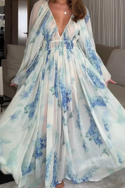 SHEER CHIFFON V-NECK LONG SLEEVE MAXI DRESS