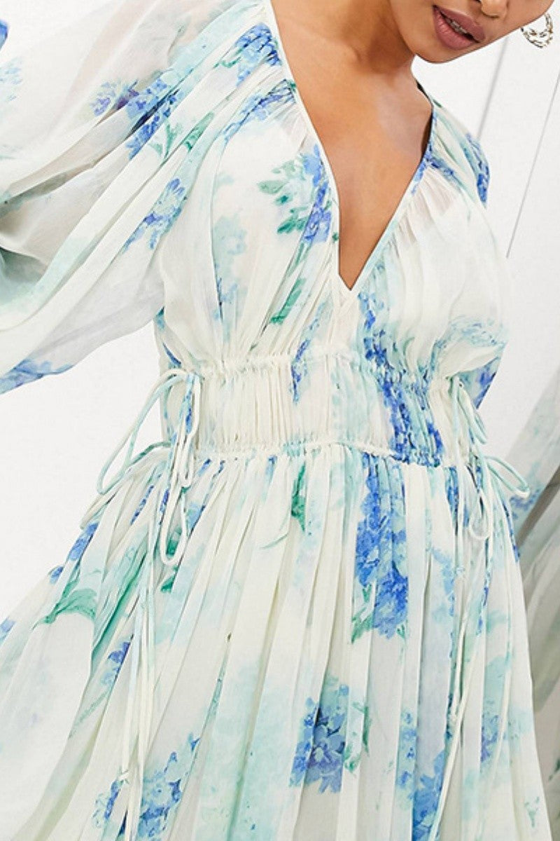 SHEER CHIFFON V-NECK LONG SLEEVE MAXI DRESS