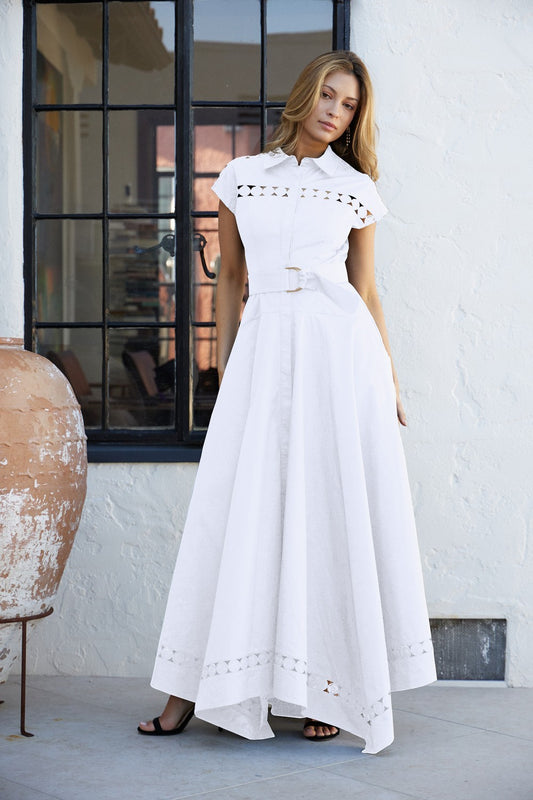 SHORT SLEEVE LACE TRIM BELTED MAXI DRESS WHITE