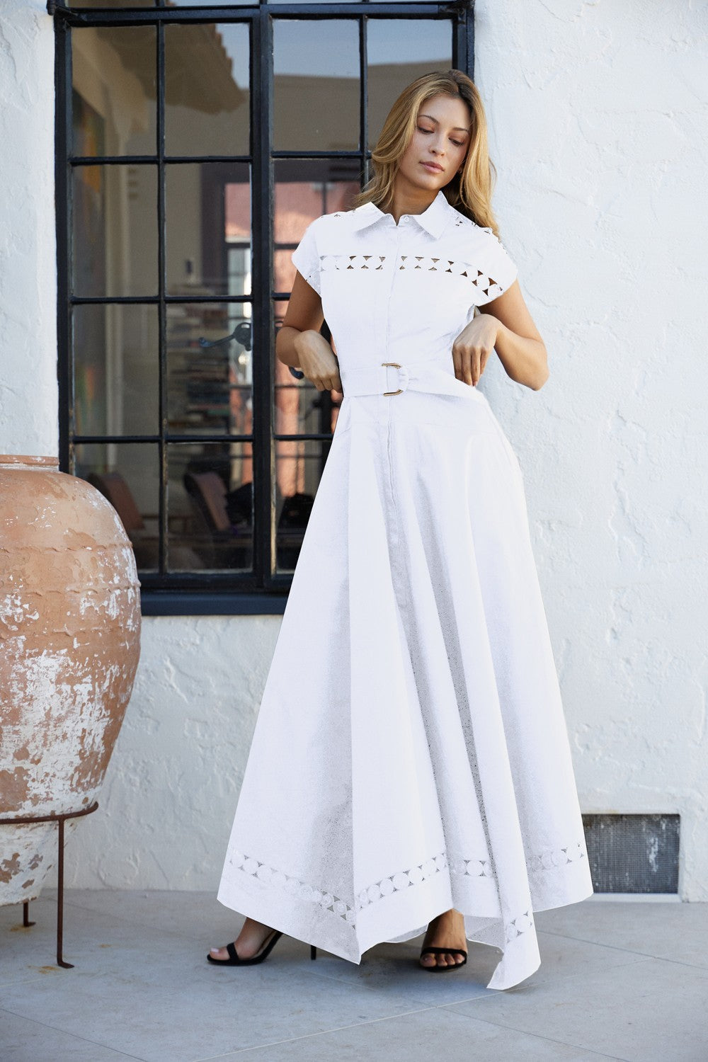 SHORT SLEEVE LACE TRIM BELTED MAXI DRESS WHITE
