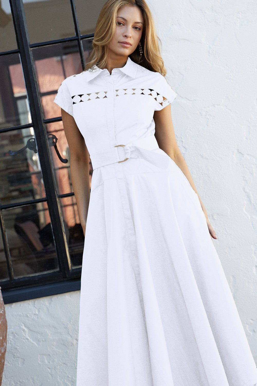 SHORT SLEEVE LACE TRIM BELTED MAXI DRESS WHITE