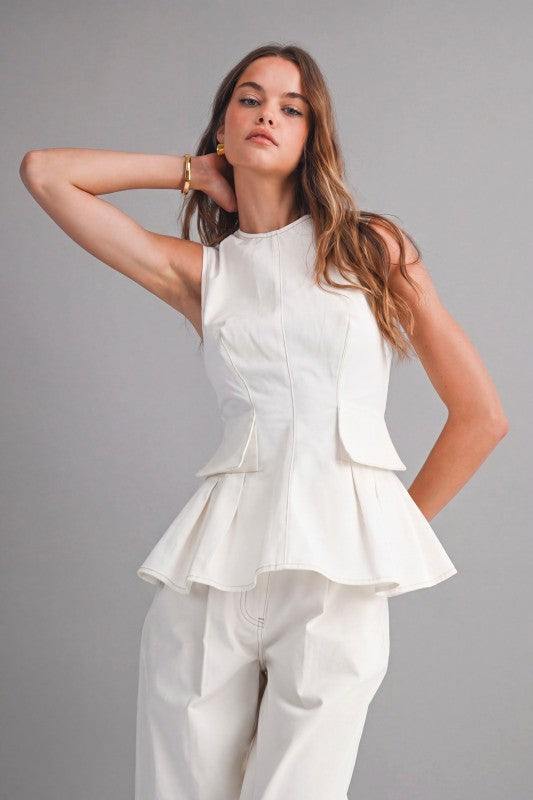 SLEEVELESS PEPLUM TOP AND STRAIGHT PANTS SET